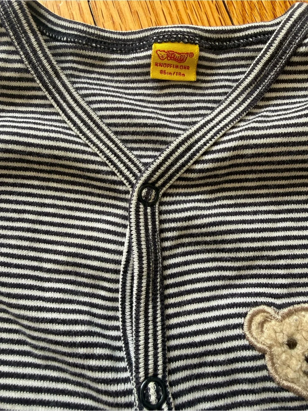Striped Navy and White Baby One-Piece Romper with Bear Patch